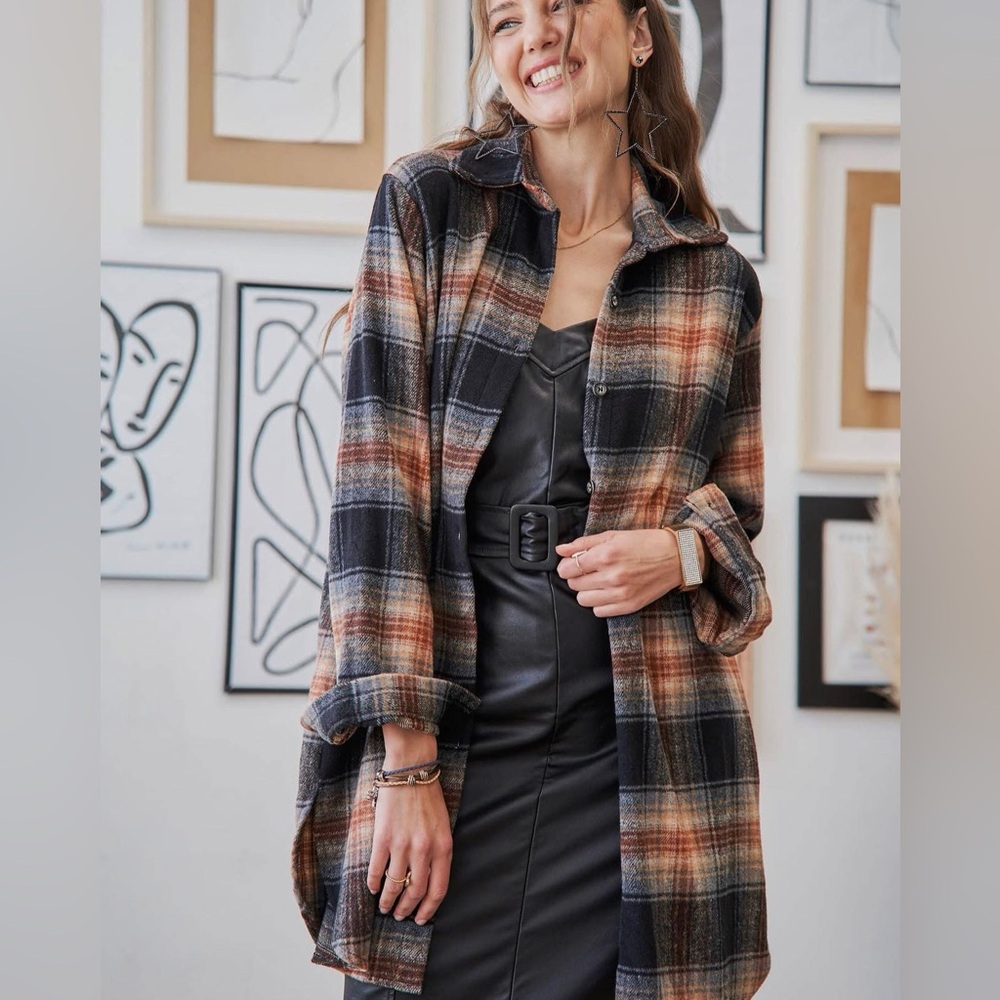 Plaid Button-Up Shacket with pockets